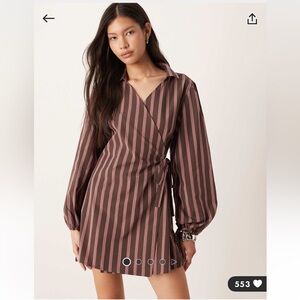 ASOS Design Striped Wrap Mini Dress in Brown and Pink